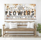 Merket Fresh Flowers Sign handmade by ToeFishArt. Original, custom, personalized wall decor signs. Canvas, Wood or Metal. Rustic modern farmhouse, cottagecore, vintage, retro, industrial, Americana, primitive, country, coastal, minimalist.