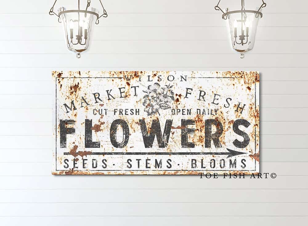 Merket Fresh Flowers Sign handmade by ToeFishArt. Original, custom, personalized wall decor signs. Canvas, Wood or Metal. Rustic modern farmhouse, cottagecore, vintage, retro, industrial, Americana, primitive, country, coastal, minimalist.