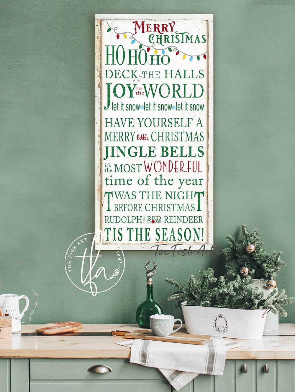Merry Christmas Sign handmade by ToeFishArt. Original, custom, personalized wall decor signs. Canvas, Wood or Metal. Rustic modern farmhouse, cottagecore, vintage, retro, industrial, Americana, primitive, country, coastal, minimalist.
