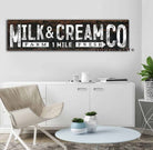 Milk & Cream Co Sign handmade by ToeFishArt. Original, custom, personalized wall decor signs. Canvas, Wood or Metal. Rustic modern farmhouse, cottagecore, vintage, retro, industrial, Americana, primitive, country, coastal, minimalist.