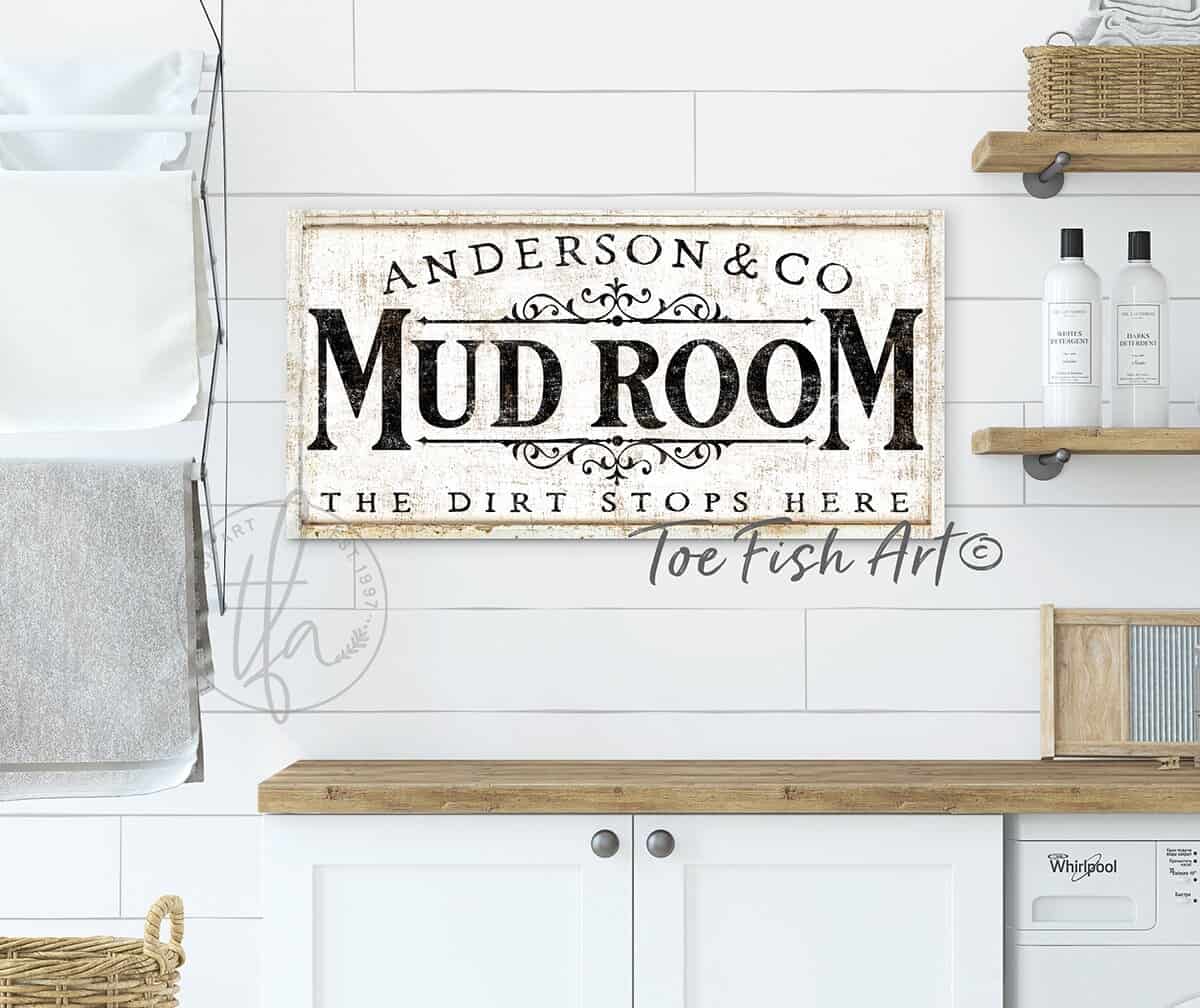 Mud Room Personalized Name & Co. Sign, The Dirt Stops Here, Witty Modern Farmhouse Wall Art for Laundry Room Entryway Decor handmade by ToeFishArt. Original, custom, personalized wall decor signs. Canvas, Wood or Metal. Rustic modern farmhouse, cottagecore, vintage, retro, industrial, Americana, primitive, country, coastal, minimalist.