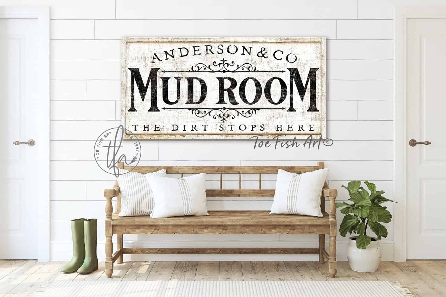 Mud Room Personalized Name & Co. Sign, The Dirt Stops Here, Witty Modern Farmhouse Wall Art for Laundry Room Entryway Decor handmade by ToeFishArt. Original, custom, personalized wall decor signs. Canvas, Wood or Metal. Rustic modern farmhouse, cottagecore, vintage, retro, industrial, Americana, primitive, country, coastal, minimalist.
