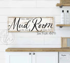 Mud Room Personalized Sign, The Dirt Stops Here, Stylish Witty Modern Farmhouse Wall Art for Laundry Room Entryway Decor handmade by ToeFishArt. Original, custom, personalized wall decor signs. Canvas, Wood or Metal. Rustic modern farmhouse, cottagecore, vintage, retro, industrial, Americana, primitive, country, coastal, minimalist.