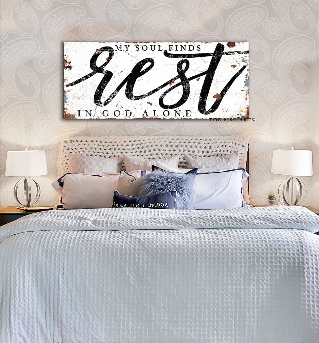 My Soul Finds Rest In God Alone Sign handmade by ToeFishArt. Original, custom, personalized wall decor signs. Canvas, Wood or Metal. Rustic modern farmhouse, cottagecore, vintage, retro, industrial, Americana, primitive, country, coastal, minimalist.