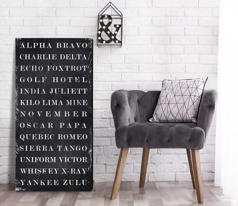 Nato Phonetic Alphabet Sign handmade by ToeFishArt. Original, custom, personalized wall decor signs. Canvas, Wood or Metal. Rustic modern farmhouse, cottagecore, vintage, retro, industrial, Americana, primitive, country, coastal, minimalist.