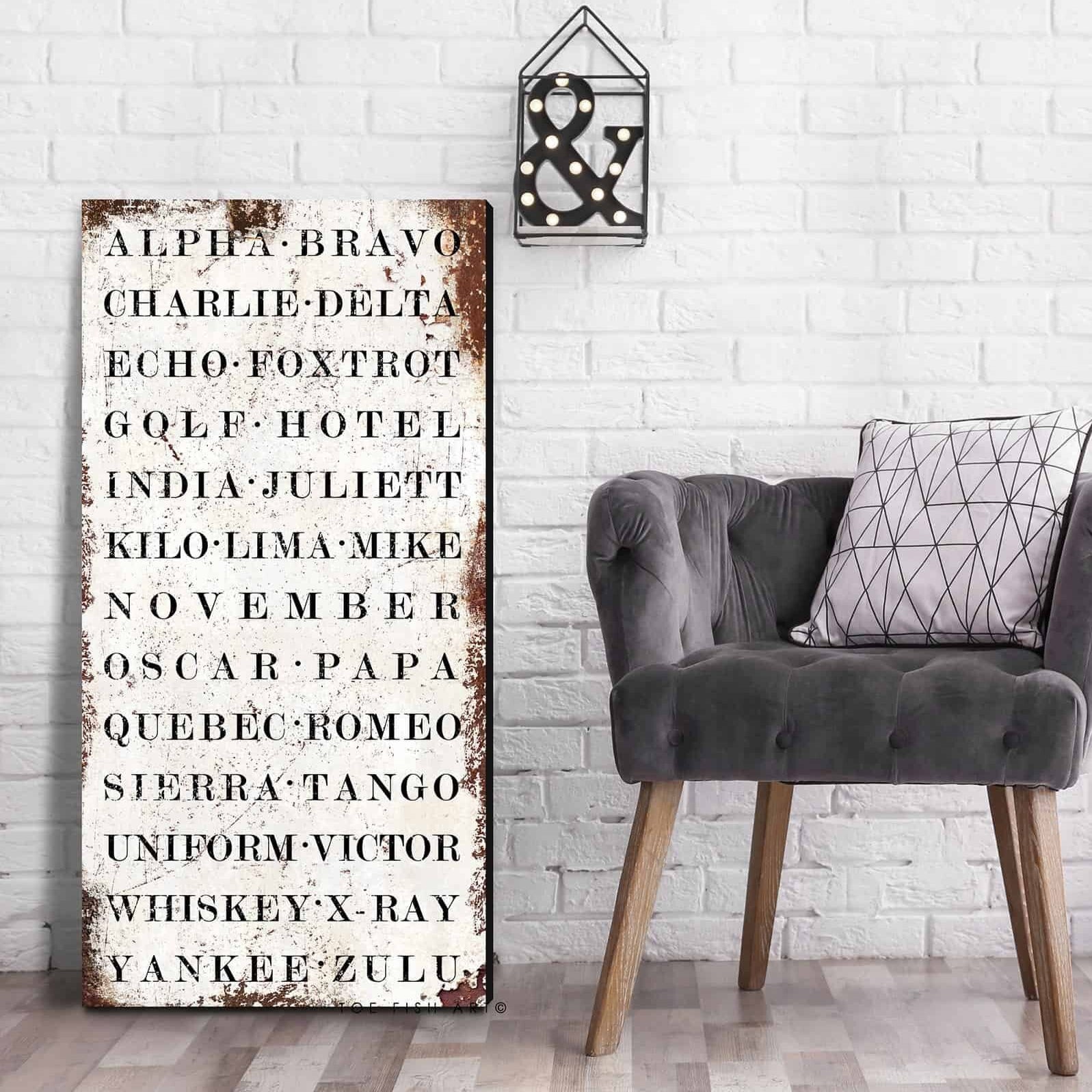Nato Phonetic Alphabet Sign handmade by ToeFishArt. Original, custom, personalized wall decor signs. Canvas, Wood or Metal. Rustic modern farmhouse, cottagecore, vintage, retro, industrial, Americana, primitive, country, coastal, minimalist.