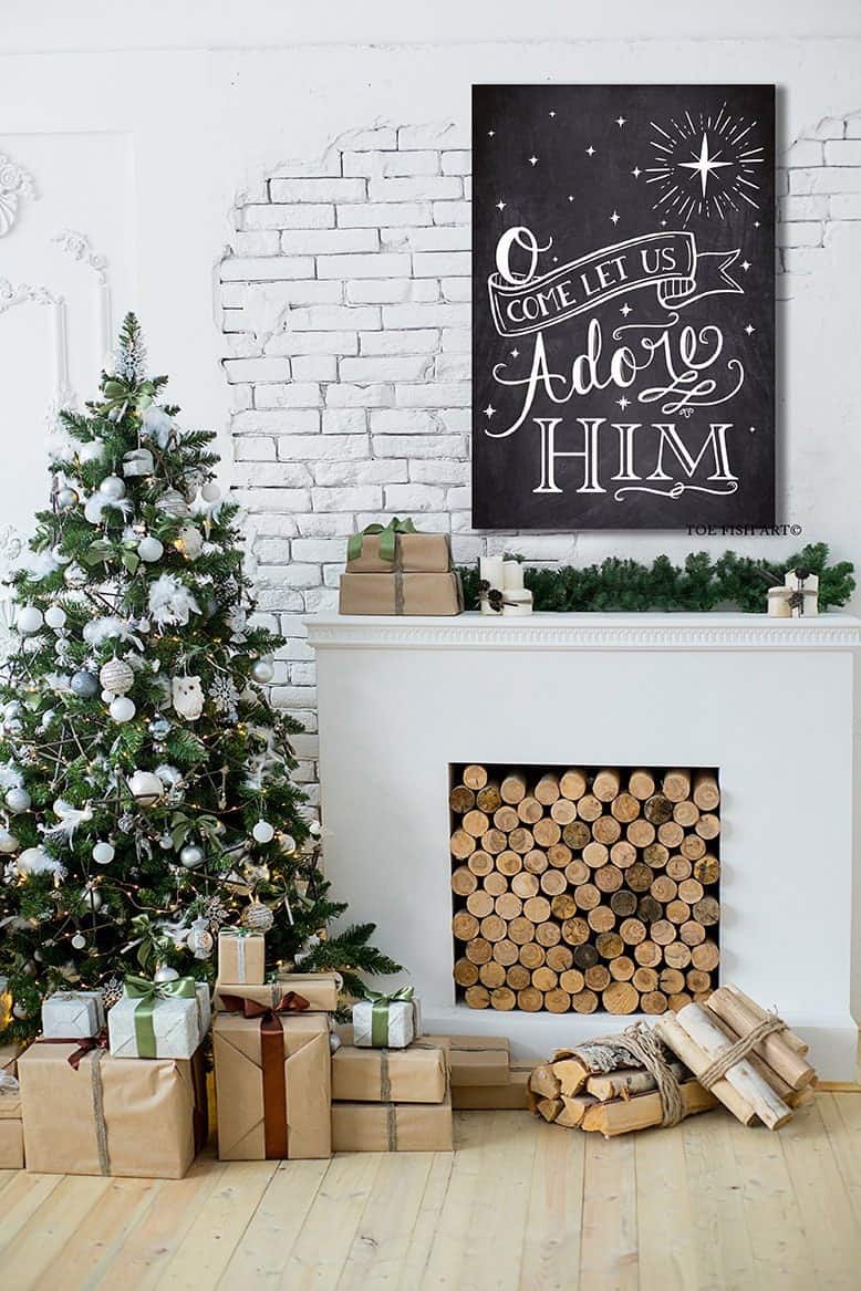 O Come Let Us Adore Him Sign handmade by ToeFishArt. Original, custom, personalized wall decor signs. Canvas, Wood or Metal. Rustic modern farmhouse, cottagecore, vintage, retro, industrial, Americana, primitive, country, coastal, minimalist.