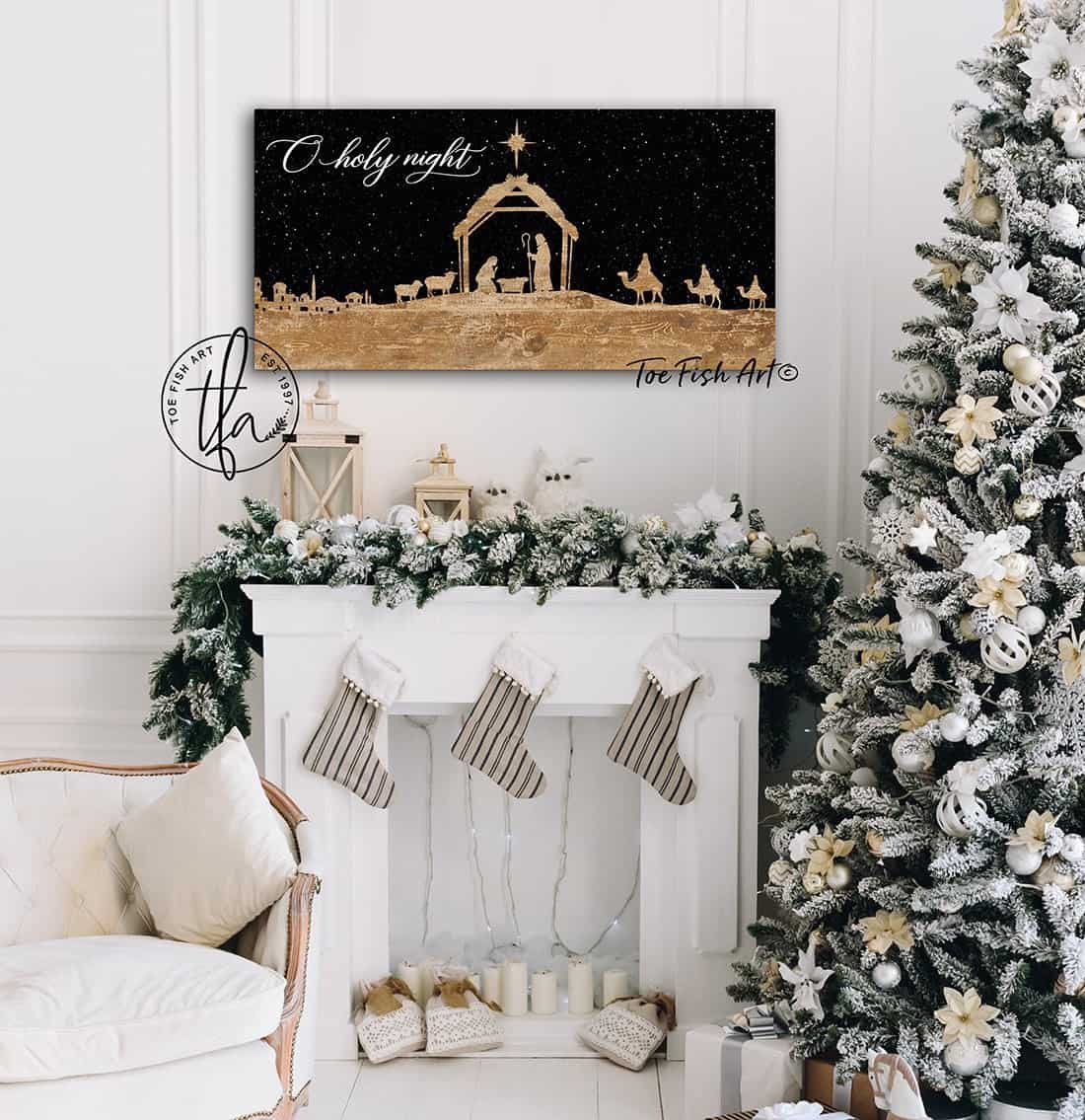 O Holy Night Nativity Sign handmade by ToeFishArt. Original, custom, personalized wall decor signs. Canvas, Wood or Metal. Rustic modern farmhouse, cottagecore, vintage, retro, industrial, Americana, primitive, country, coastal, minimalist.