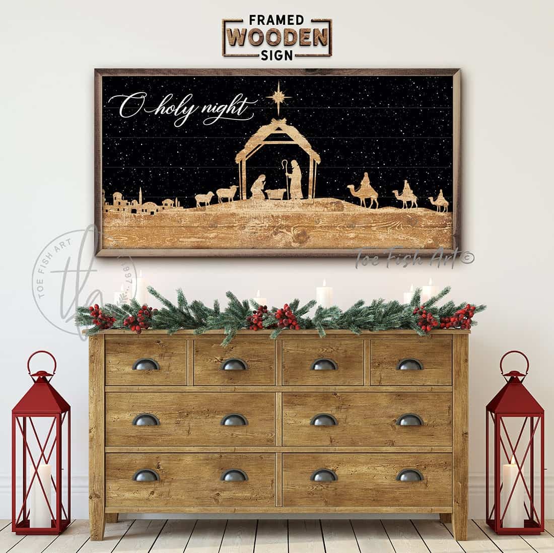 O Holy Night Nativity Silhouette Sign Christmas season decor framed shiplap hardwood wall hanging handmade by ToeFishArt. Original, custom, personalized wall decor signs. Canvas, Wood or Metal. Rustic modern farmhouse, cottagecore, vintage, retro, industrial, Americana, primitive, country, coastal, minimalist.
