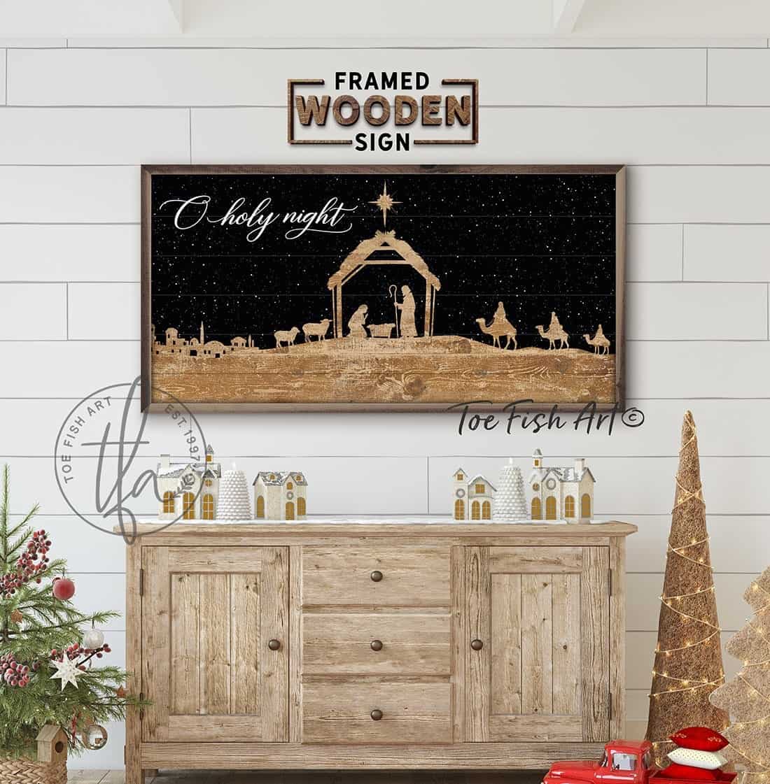 O Holy Night Nativity Silhouette Sign Christmas season decor framed shiplap hardwood wall hanging handmade by ToeFishArt. Original, custom, personalized wall decor signs. Canvas, Wood or Metal. Rustic modern farmhouse, cottagecore, vintage, retro, industrial, Americana, primitive, country, coastal, minimalist.