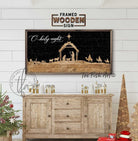 O Holy Night Nativity Silhouette Sign Christmas season decor framed shiplap hardwood wall hanging handmade by ToeFishArt. Original, custom, personalized wall decor signs. Canvas, Wood or Metal. Rustic modern farmhouse, cottagecore, vintage, retro, industrial, Americana, primitive, country, coastal, minimalist.