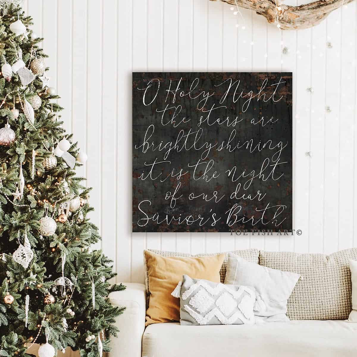 O Holy Night Sign handmade by ToeFishArt. Original, custom, personalized wall decor signs. Canvas, Wood or Metal. Rustic modern farmhouse, cottagecore, vintage, retro, industrial, Americana, primitive, country, coastal, minimalist.
