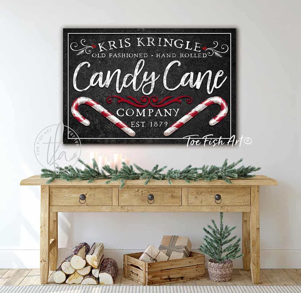 Old Fashioned Candy Cane Co. Sign handmade by ToeFishArt. Original, custom, personalized wall decor signs. Canvas, Wood or Metal. Rustic modern farmhouse, cottagecore, vintage, retro, industrial, Americana, primitive, country, coastal, minimalist.