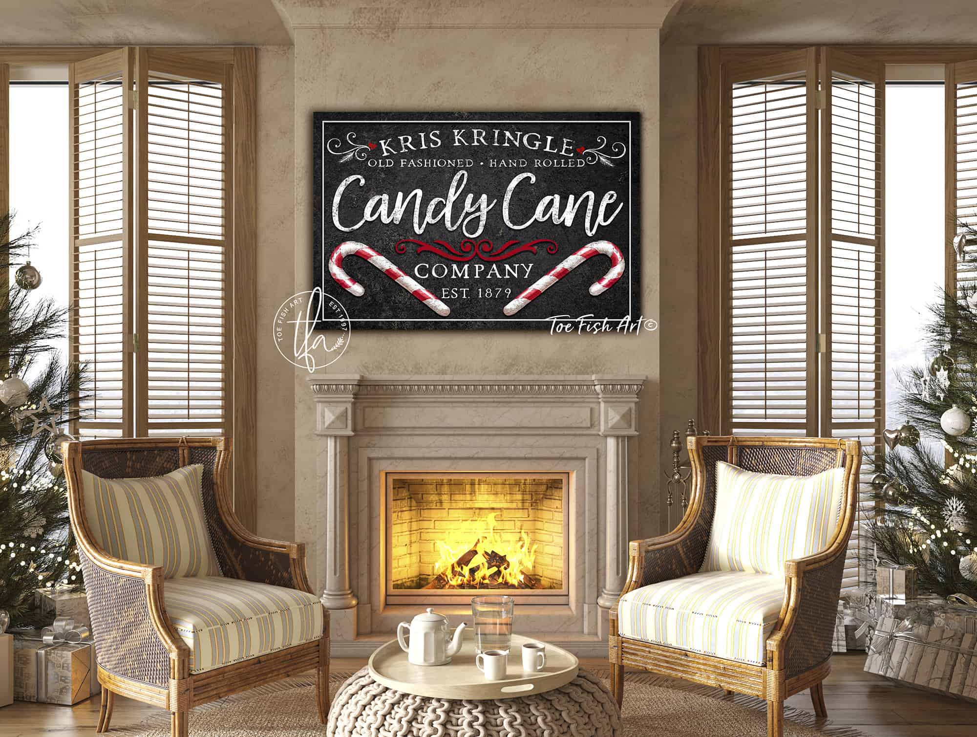 Old Fashioned Candy Cane Co. Sign handmade by ToeFishArt. Original, custom, personalized wall decor signs. Canvas, Wood or Metal. Rustic modern farmhouse, cottagecore, vintage, retro, industrial, Americana, primitive, country, coastal, minimalist.