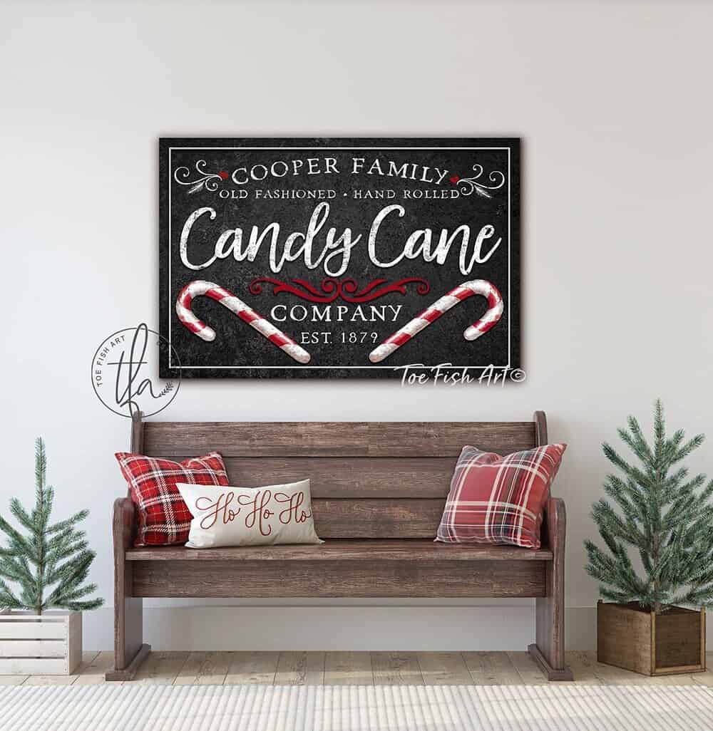 Old Fashioned Candy Cane Co. Sign handmade by ToeFishArt. Original, custom, personalized wall decor signs. Canvas, Wood or Metal. Rustic modern farmhouse, cottagecore, vintage, retro, industrial, Americana, primitive, country, coastal, minimalist.