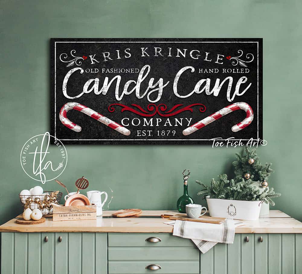 Old Fashioned Candy Cane Company Sign handmade by ToeFishArt. Original, custom, personalized wall decor signs. Canvas, Wood or Metal. Rustic modern farmhouse, cottagecore, vintage, retro, industrial, Americana, primitive, country, coastal, minimalist.