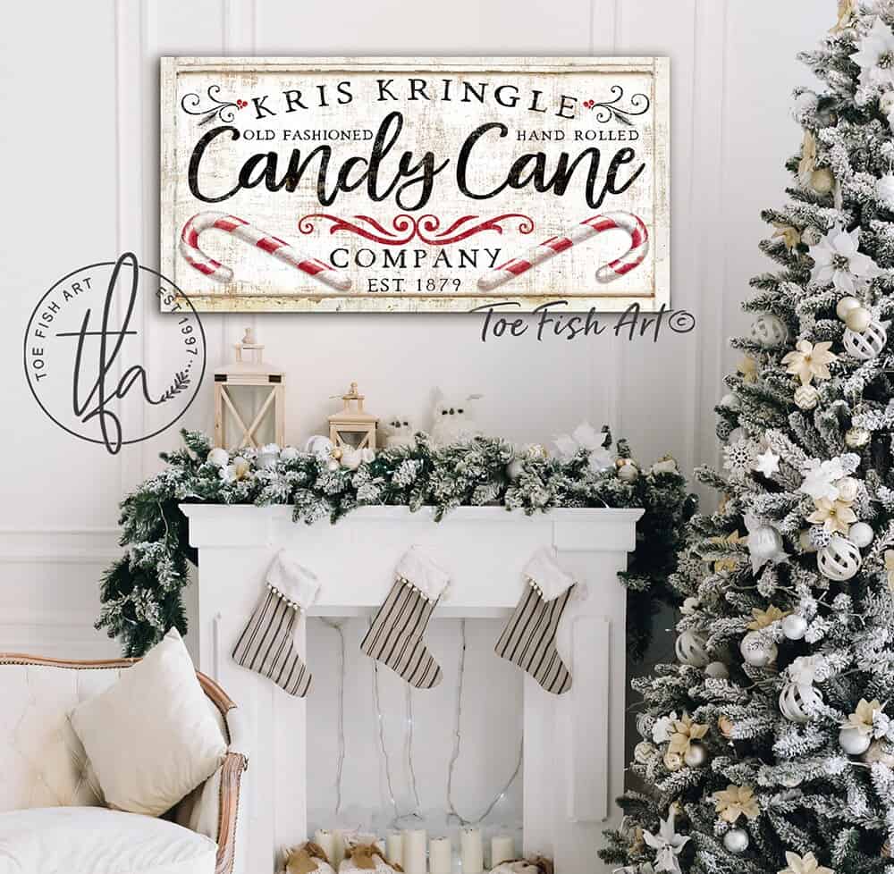 Old Fashioned Candy Cane Company Sign handmade by ToeFishArt. Original, custom, personalized wall decor signs. Canvas, Wood or Metal. Rustic modern farmhouse, cottagecore, vintage, retro, industrial, Americana, primitive, country, coastal, minimalist.
