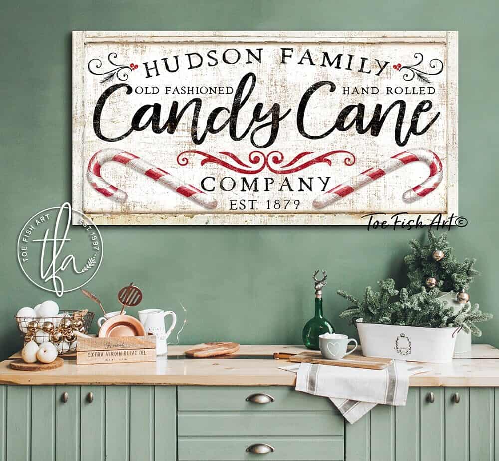 Old Fashioned Candy Cane Company Sign handmade by ToeFishArt. Original, custom, personalized wall decor signs. Canvas, Wood or Metal. Rustic modern farmhouse, cottagecore, vintage, retro, industrial, Americana, primitive, country, coastal, minimalist.