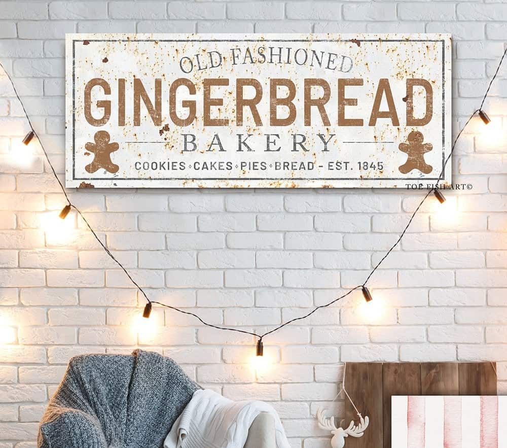 Old Fashioned Gingerbread Bakery Sign handmade by ToeFishArt. Original, custom, personalized wall decor signs. Canvas, Wood or Metal. Rustic modern farmhouse, cottagecore, vintage, retro, industrial, Americana, primitive, country, coastal, minimalist.