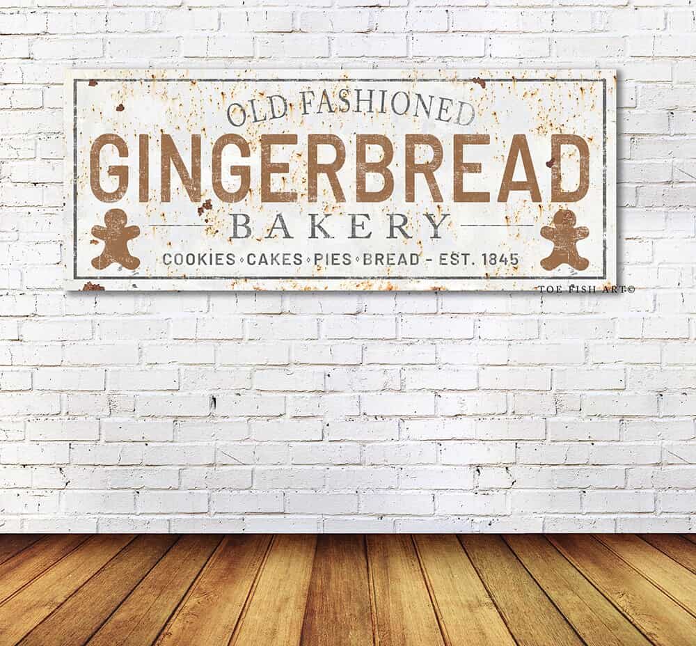 Old Fashioned Gingerbread Bakery Sign handmade by ToeFishArt. Original, custom, personalized wall decor signs. Canvas, Wood or Metal. Rustic modern farmhouse, cottagecore, vintage, retro, industrial, Americana, primitive, country, coastal, minimalist.