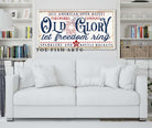 Old Glory Fireworks Company Sign handmade by ToeFishArt. Original, custom, personalized wall decor signs. Canvas, Wood or Metal. Rustic modern farmhouse, cottagecore, vintage, retro, industrial, Americana, primitive, country, coastal, minimalist.