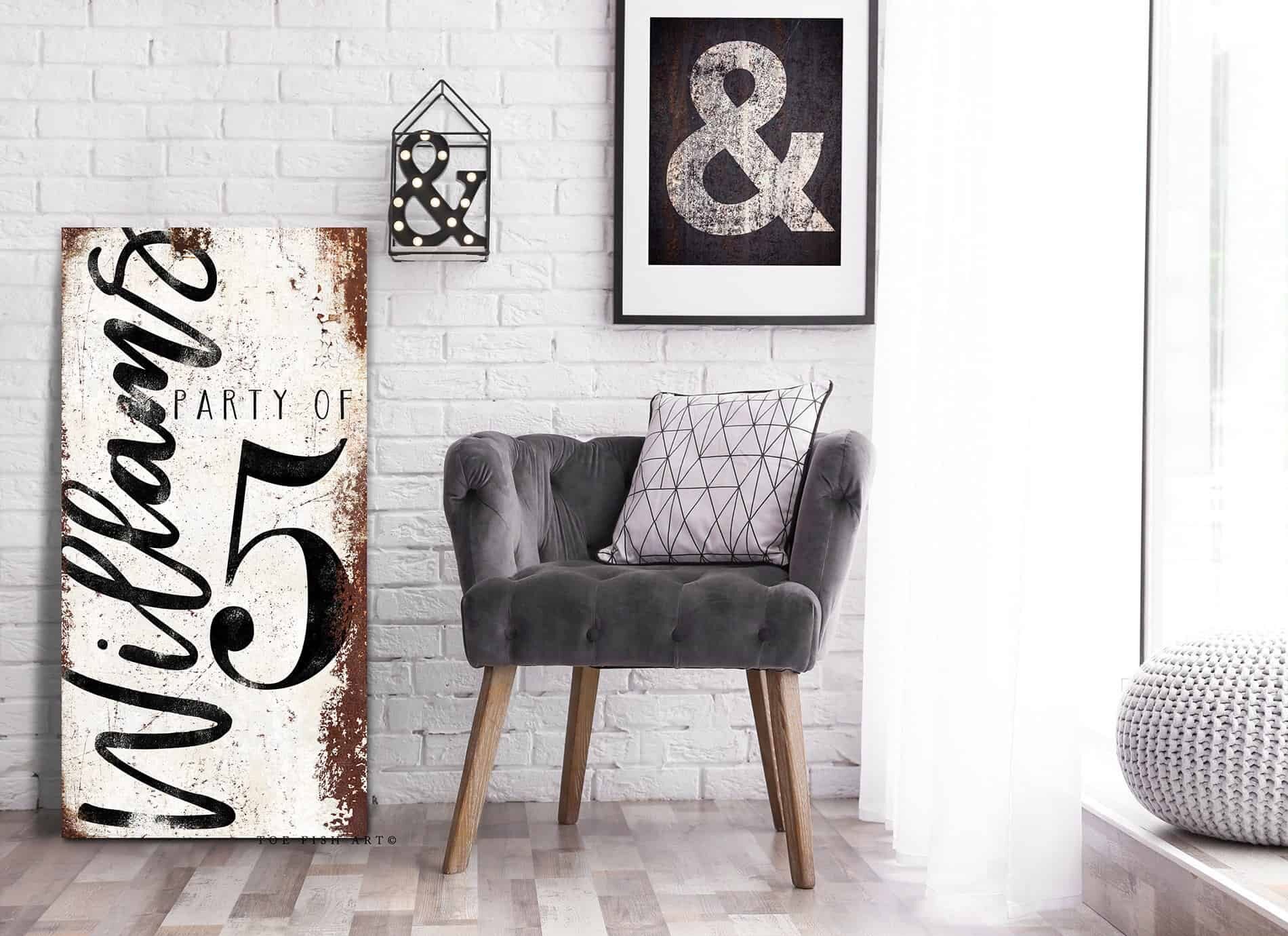 Party Of Sign handmade by ToeFishArt. Original, custom, personalized wall decor signs. Canvas, Wood or Metal. Rustic modern farmhouse, cottagecore, vintage, retro, industrial, Americana, primitive, country, coastal, minimalist.