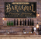 Personalized Bar & Grill Sign Backyard Patio Basement Man Cave Pool Deck Last Name Sign ToeFishArt handmade by ToeFishArt. Original, custom, personalized wall decor signs. Canvas, Wood or Metal. Rustic modern farmhouse, cottagecore, vintage, retro, industrial, Americana, primitive, country, coastal, minimalist.