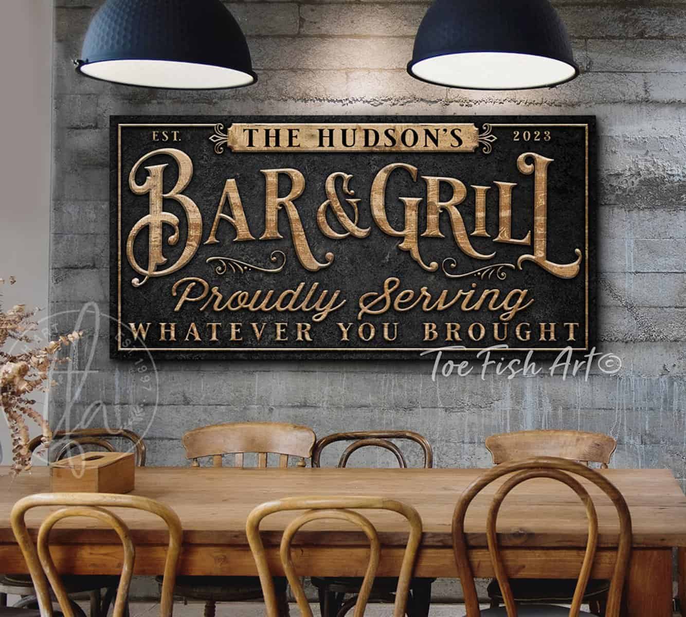 Personalized Bar & Grill Sign Backyard Patio Basement Man Cave Pool Deck Last Name Sign ToeFishArt handmade by ToeFishArt. Original, custom, personalized wall decor signs. Canvas, Wood or Metal. Rustic modern farmhouse, cottagecore, vintage, retro, industrial, Americana, primitive, country, coastal, minimalist.