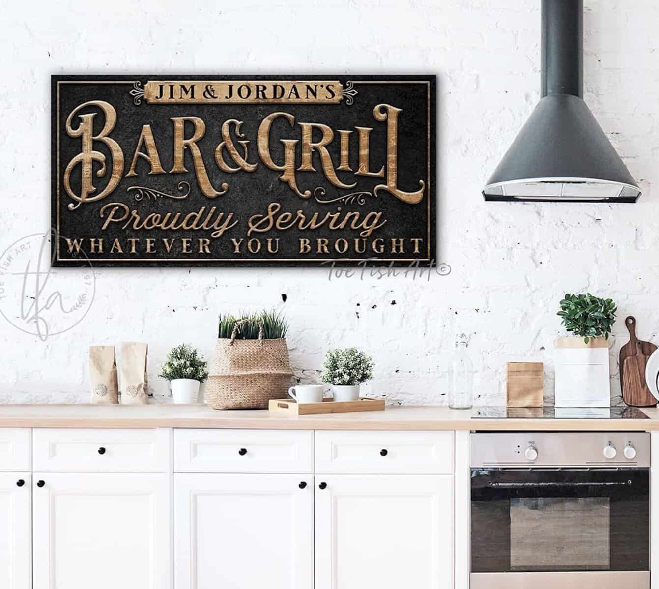 Personalized Bar & Grill Sign Backyard Patio Basement Man Cave Pool Deck Last Name Sign ToeFishArt handmade by ToeFishArt. Original, custom, personalized wall decor signs. Canvas, Wood or Metal. Rustic modern farmhouse, cottagecore, vintage, retro, industrial, Americana, primitive, country, coastal, minimalist.