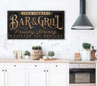 Personalized Bar & Grill Sign Backyard Patio Basement Man Cave Pool Deck Last Name Sign ToeFishArt handmade by ToeFishArt. Original, custom, personalized wall decor signs. Canvas, Wood or Metal. Rustic modern farmhouse, cottagecore, vintage, retro, industrial, Americana, primitive, country, coastal, minimalist.