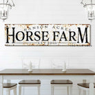 Personalized Horse Farm Sign Family Name Established Date handmade by ToeFishArt. Original, custom, personalized wall decor signs. Canvas, Wood or Metal. Rustic modern farmhouse, cottagecore, vintage, retro, industrial, Americana, primitive, country, coastal, minimalist.