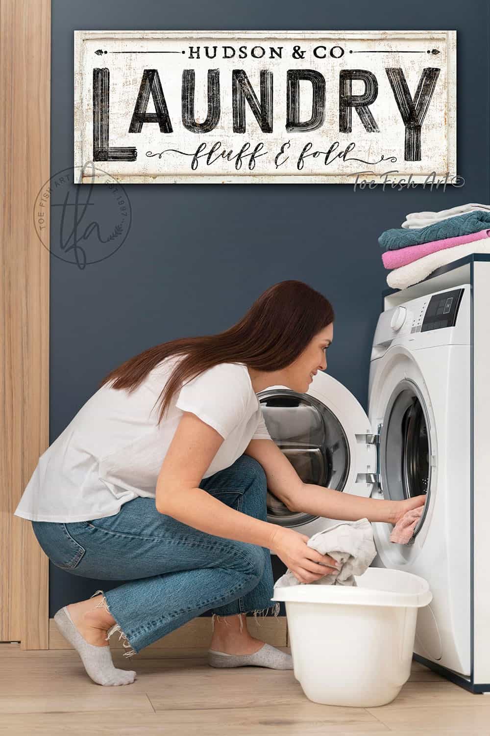 Add a personal touch to your laundry room, utility room, or mudroom with Toe Fish Art's Personalized Family Name & Co Laundry Sign with fun wording options. This piece adds vintage modern farmhouse flair to any home. Be surrounded by decor you LOVE! Choose between premium framed canvas or durable outdoor metal. Toe Fish Art makes artisan wall art with American materials. Proudly Made in the USA, each piece is expertly constructed with genuine craftsmanship, heritage quality, and rustic charm.