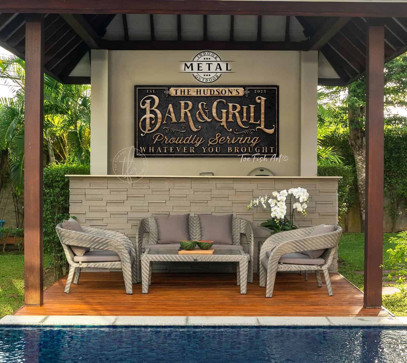 Personalized Metal Indoor-Outdoor Bar & Grill Sign Backyard Pool Patio Deck Porch Sign ToeFishArt handmade by ToeFishArt. Original, custom, personalized wall decor signs. Canvas, Wood or Metal. Rustic modern farmhouse, cottagecore, vintage, retro, industrial, Americana, primitive, country, coastal, minimalist.