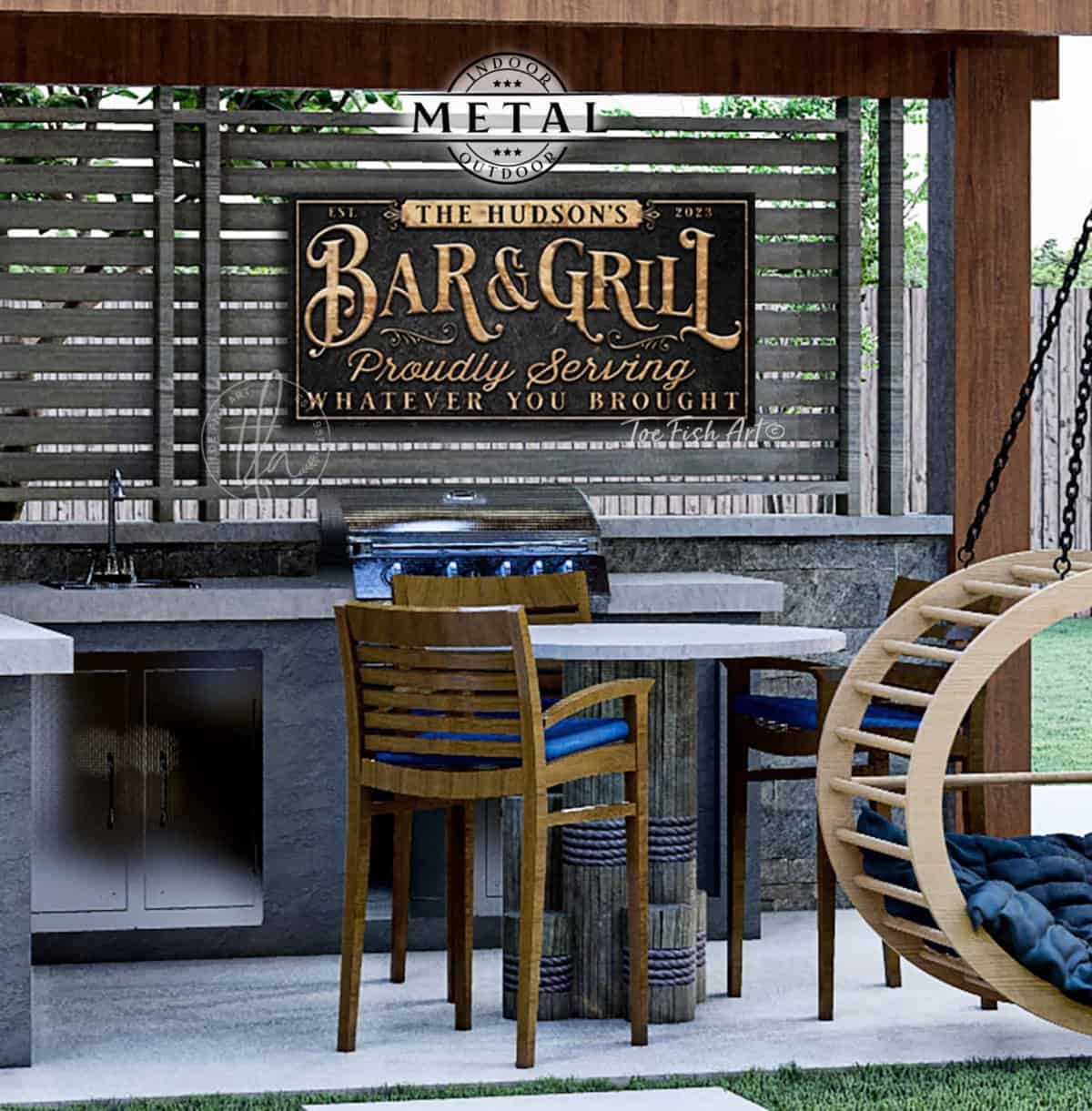 Personalized Metal Indoor-Outdoor Bar & Grill Sign Backyard Pool Patio Deck Porch Sign ToeFishArt handmade by ToeFishArt. Original, custom, personalized wall decor signs. Canvas, Wood or Metal. Rustic modern farmhouse, cottagecore, vintage, retro, industrial, Americana, primitive, country, coastal, minimalist.