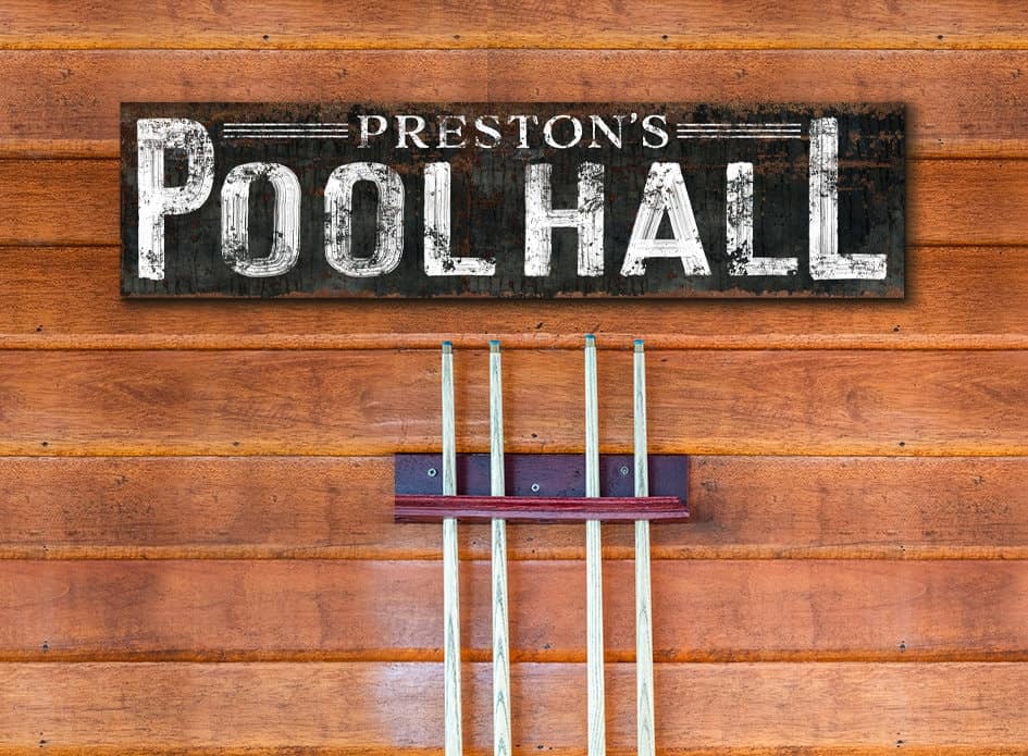 Personalized Pool Hall Sign Family Name handmade by ToeFishArt. Original, custom, personalized wall decor signs. Canvas, Wood or Metal. Rustic modern farmhouse, cottagecore, vintage, retro, industrial, Americana, primitive, country, coastal, minimalist.