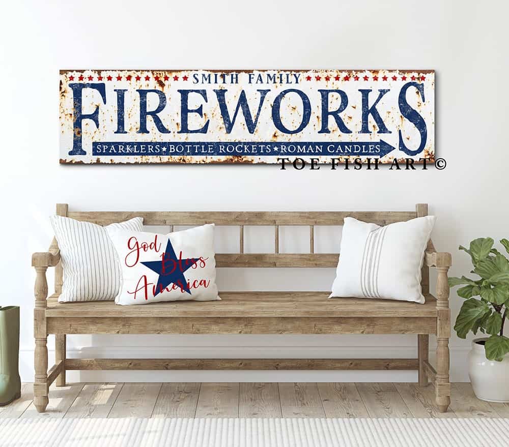 Personalized Rustic Fireworks stand Sign Family Name Open Daily handmade by ToeFishArt. Original, custom, personalized wall decor signs. Canvas, Wood or Metal. Rustic modern farmhouse, cottagecore, vintage, retro, industrial, Americana, primitive, country, coastal, minimalist.