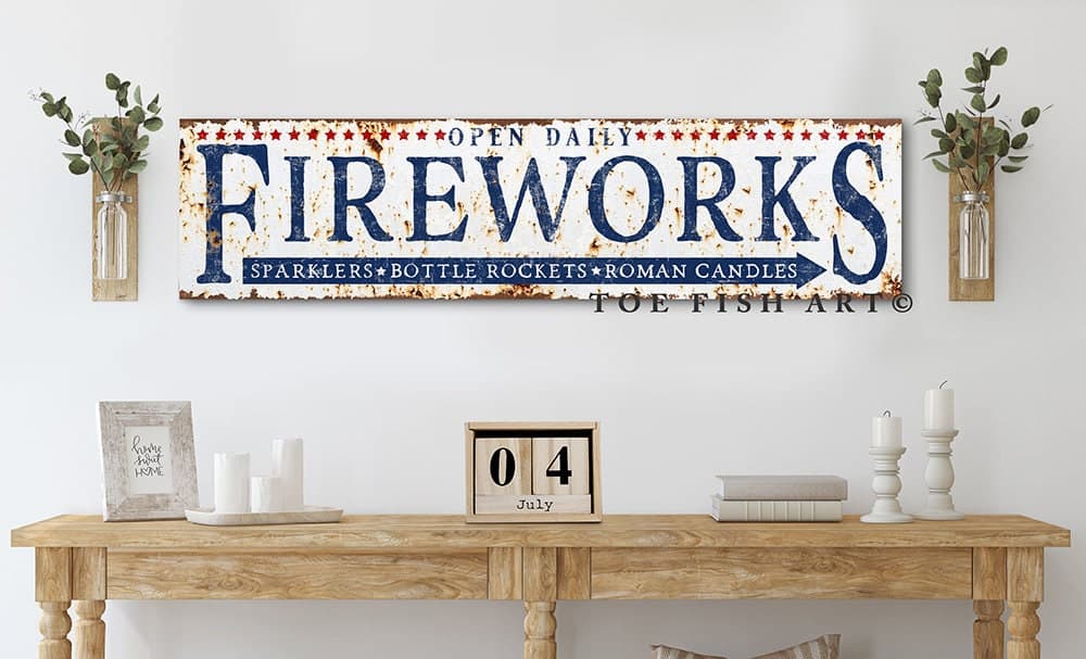 Personalized Rustic Fireworks stand Sign Family Name Open Daily handmade by ToeFishArt. Original, custom, personalized wall decor signs. Canvas, Wood or Metal. Rustic modern farmhouse, cottagecore, vintage, retro, industrial, Americana, primitive, country, coastal, minimalist.