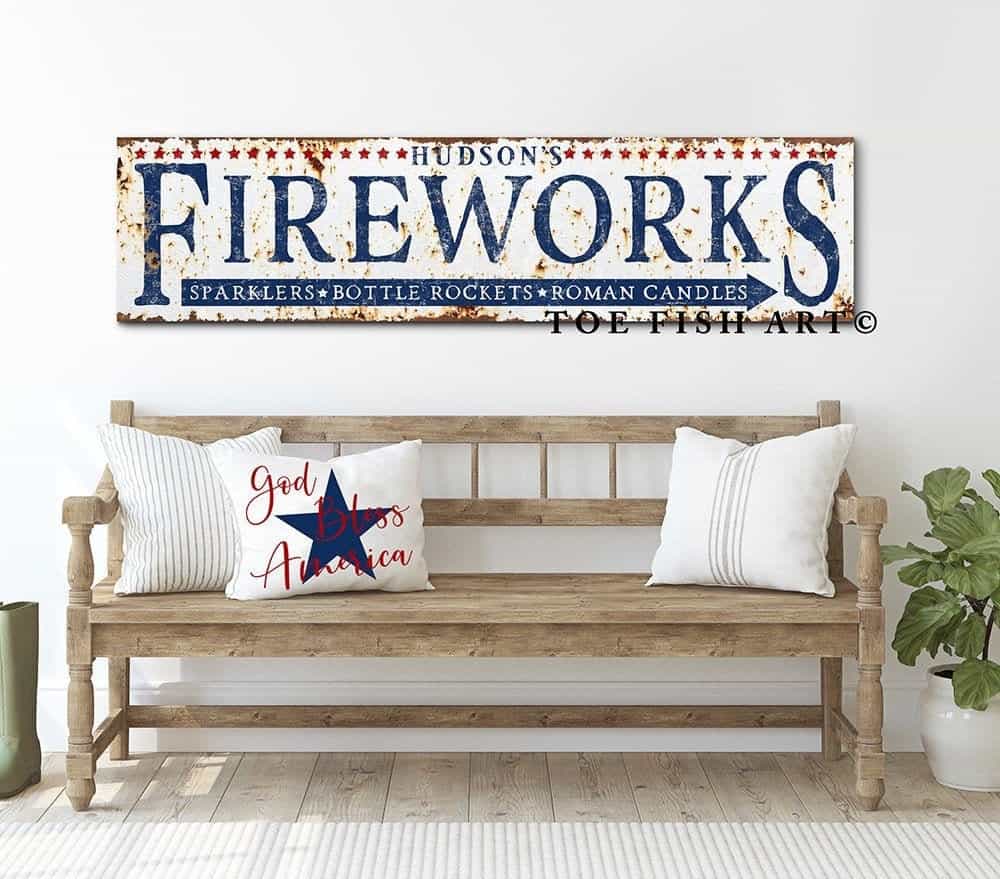 Personalized Rustic Fireworks stand Sign Family Name Open Daily handmade by ToeFishArt. Original, custom, personalized wall decor signs. Canvas, Wood or Metal. Rustic modern farmhouse, cottagecore, vintage, retro, industrial, Americana, primitive, country, coastal, minimalist.