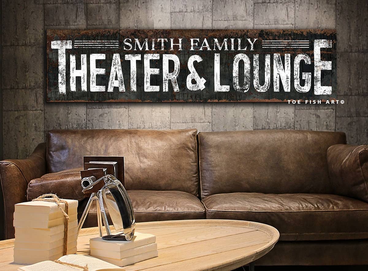 Personalized Theater & Lounge Sign Family Name handmade by ToeFishArt. Original, custom, personalized wall decor signs. Canvas, Wood or Metal. Rustic modern farmhouse, cottagecore, vintage, retro, industrial, Americana, primitive, country, coastal, minimalist.