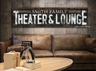 Personalized Theater & Lounge Sign Family Name handmade by ToeFishArt. Original, custom, personalized wall decor signs. Canvas, Wood or Metal. Rustic modern farmhouse, cottagecore, vintage, retro, industrial, Americana, primitive, country, coastal, minimalist.