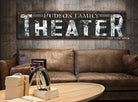 Personalized Theater Sign Family Name handmade by ToeFishArt. Original, custom, personalized wall decor signs. Canvas, Wood or Metal. Rustic modern farmhouse, cottagecore, vintage, retro, industrial, Americana, primitive, country, coastal, minimalist.