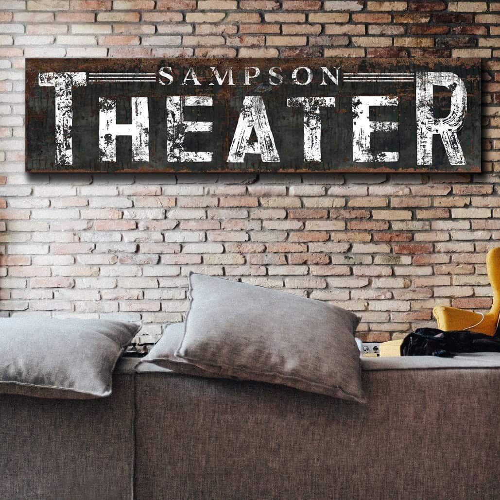 Personalized Theater Sign Family Name handmade by ToeFishArt. Original, custom, personalized wall decor signs. Canvas, Wood or Metal. Rustic modern farmhouse, cottagecore, vintage, retro, industrial, Americana, primitive, country, coastal, minimalist.