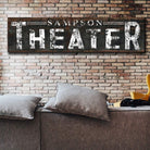 Personalized Theater Sign Family Name handmade by ToeFishArt. Original, custom, personalized wall decor signs. Canvas, Wood or Metal. Rustic modern farmhouse, cottagecore, vintage, retro, industrial, Americana, primitive, country, coastal, minimalist.
