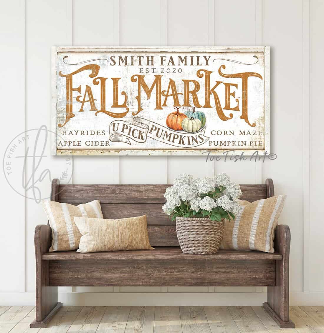 Personalized U Pick Pumpkins Fall Market Sign handmade by ToeFishArt. Original, custom, personalized wall decor signs. Canvas, Wood or Metal. Rustic modern farmhouse, cottagecore, vintage, retro, industrial, Americana, primitive, country, coastal, minimalist.