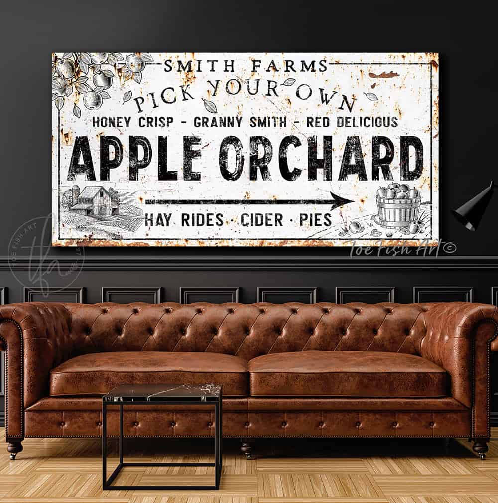 Pick Your Own Apple Orchard Sign handmade by ToeFishArt. Original, custom, personalized wall decor signs. Canvas, Wood or Metal. Rustic modern farmhouse, cottagecore, vintage, retro, industrial, Americana, primitive, country, coastal, minimalist.