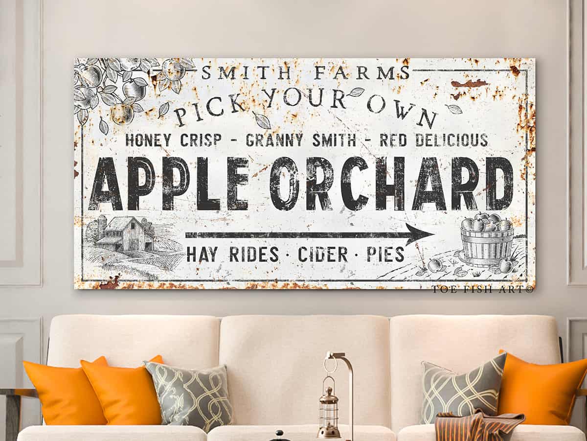 Pick Your Own Apple Orchard Sign handmade by ToeFishArt. Original, custom, personalized wall decor signs. Canvas, Wood or Metal. Rustic modern farmhouse, cottagecore, vintage, retro, industrial, Americana, primitive, country, coastal, minimalist.