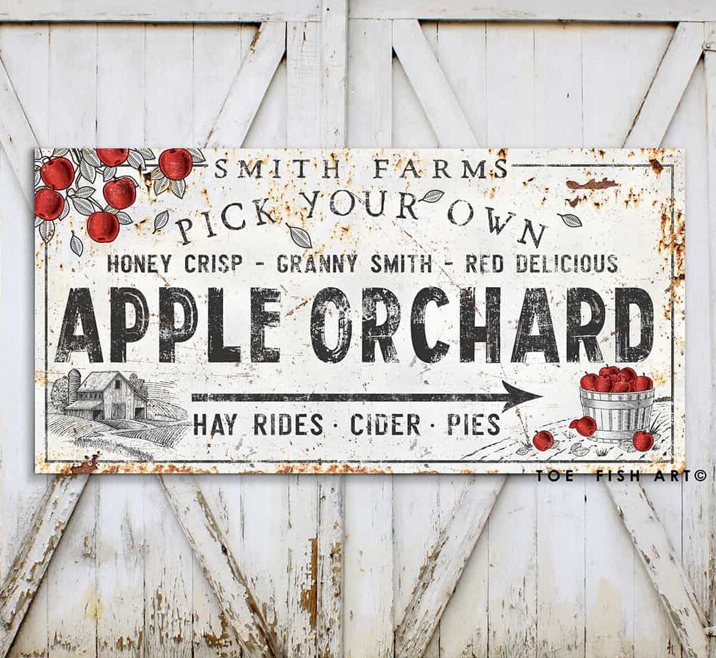 Pick Your Own Apple Orchard Sign handmade by ToeFishArt. Original, custom, personalized wall decor signs. Canvas, Wood or Metal. Rustic modern farmhouse, cottagecore, vintage, retro, industrial, Americana, primitive, country, coastal, minimalist.