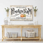 Pick Your Own Pumpkin Farm Personalized Sign handmade by ToeFishArt. Original, custom, personalized wall decor signs. Canvas, Wood or Metal. Rustic modern farmhouse, cottagecore, vintage, retro, industrial, Americana, primitive, country, coastal, minimalist.
