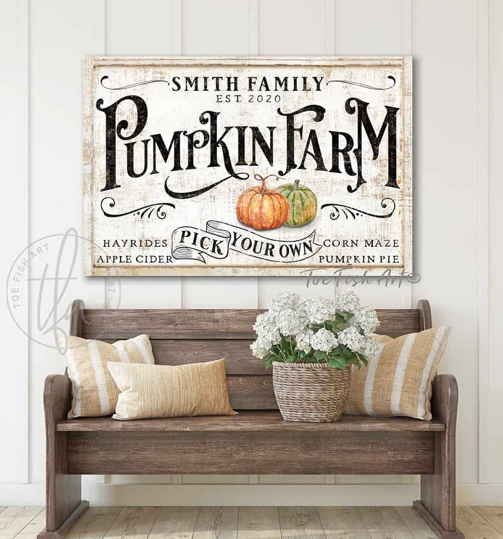 Pick Your Own Pumpkin Farm Personalized Sign handmade by ToeFishArt. Original, custom, personalized wall decor signs. Canvas, Wood or Metal. Rustic modern farmhouse, cottagecore, vintage, retro, industrial, Americana, primitive, country, coastal, minimalist.