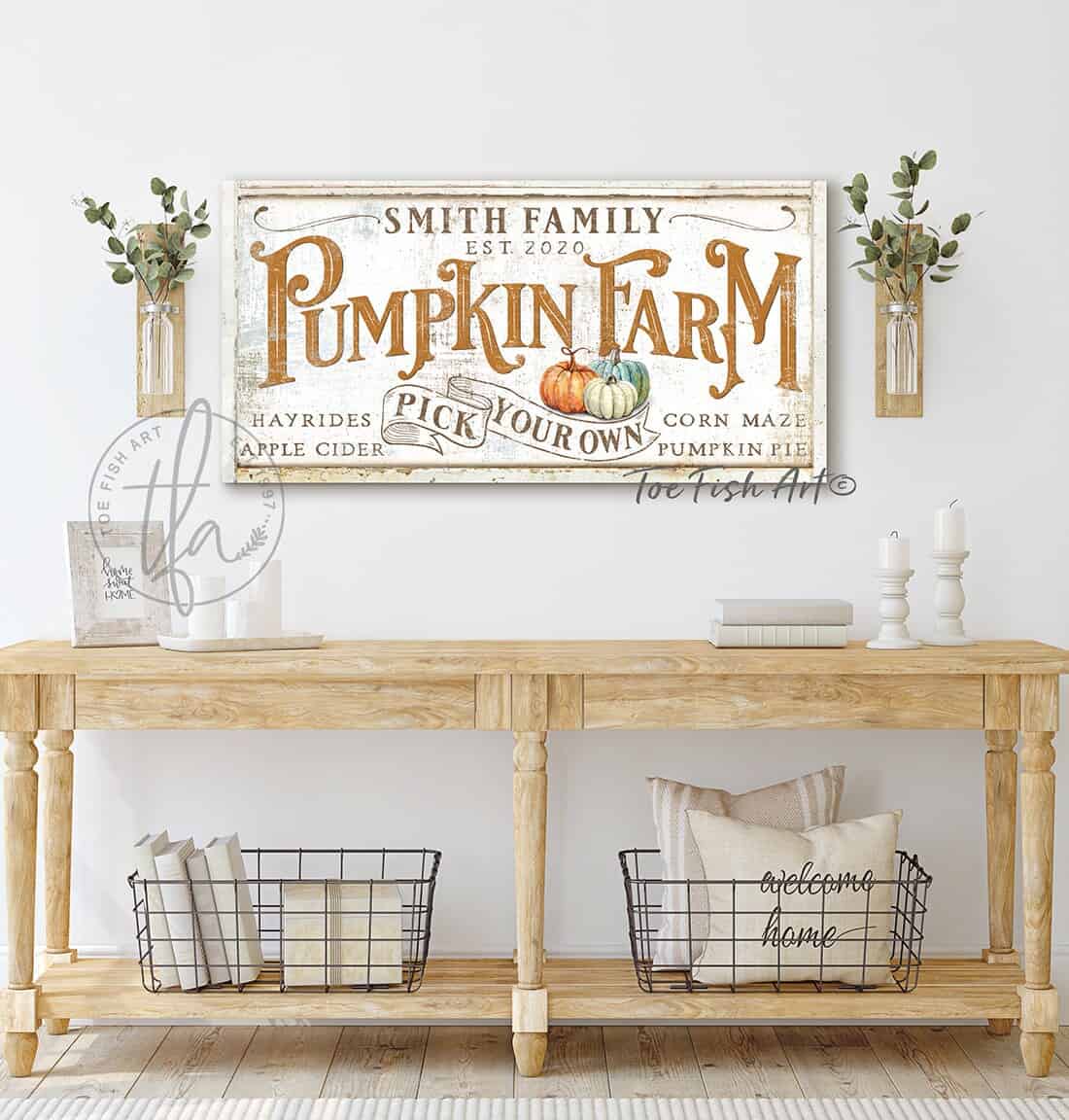 Pick Your Own Pumpkin Farm Sign handmade by ToeFishArt. Original, custom, personalized wall decor signs. Canvas, Wood or Metal. Rustic modern farmhouse, cottagecore, vintage, retro, industrial, Americana, primitive, country, coastal, minimalist.